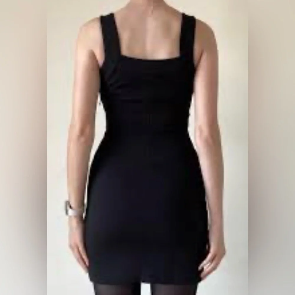 Paige. Sleeveless Little Black Mini Tank Dress Pieced Chevron Waist Square Neck